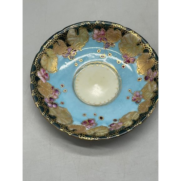 plate saucer black rim gold leaves pink flowers blue center 5" glass emboss READ - Picture 2 of 3